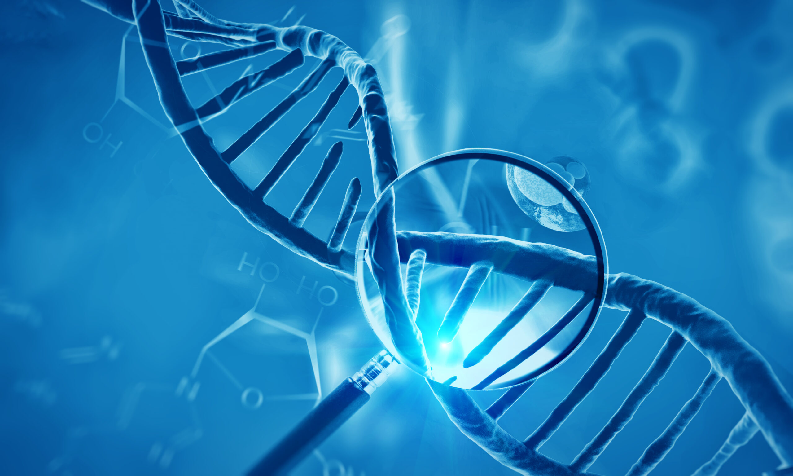 3d render of dna structure and cells, abstract background