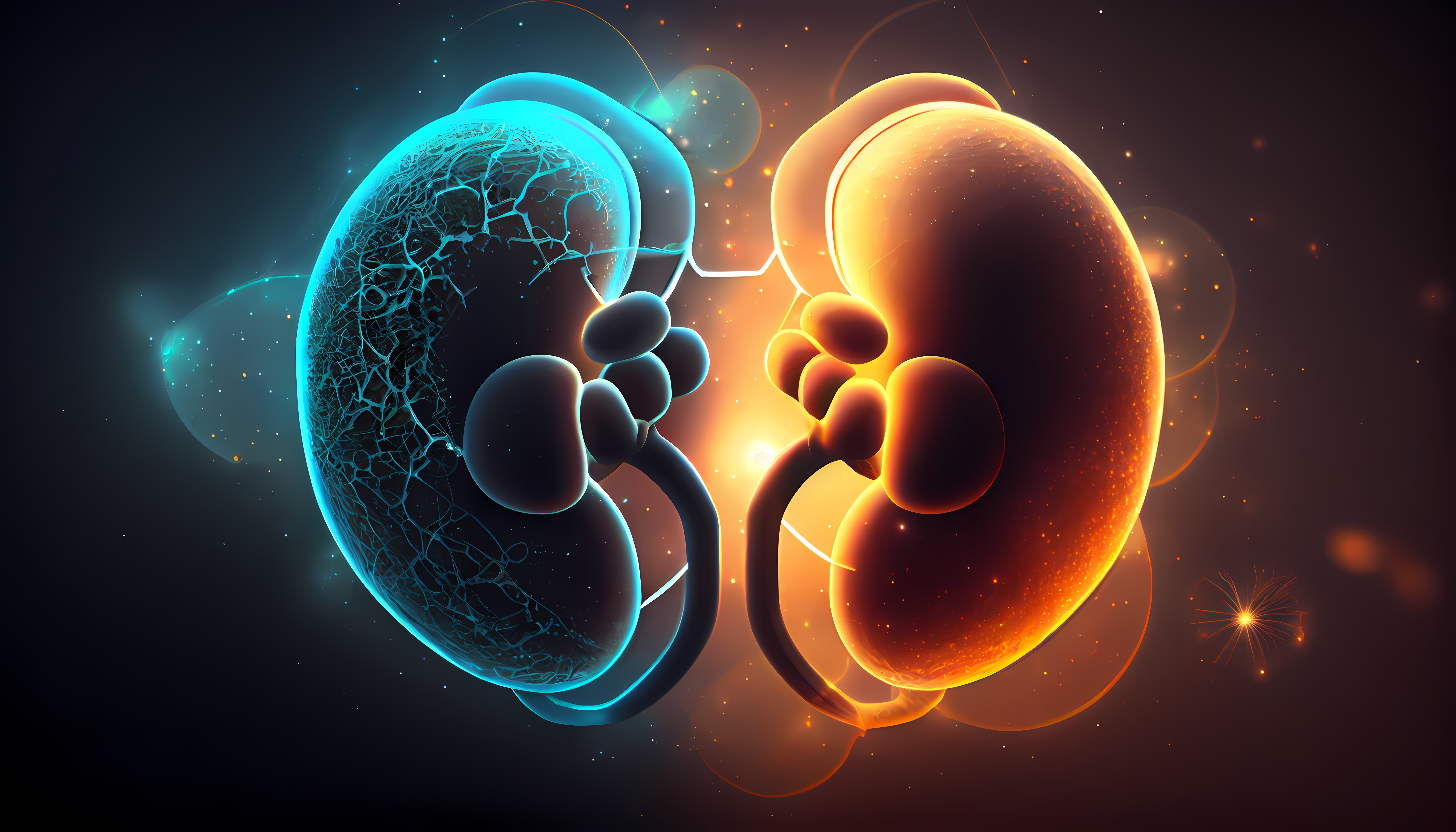 Human kidney depicted as a glowing and pulsating orb of energy, set against a celestial and cosmic background. Medical anatomy concept. Generative Ai.