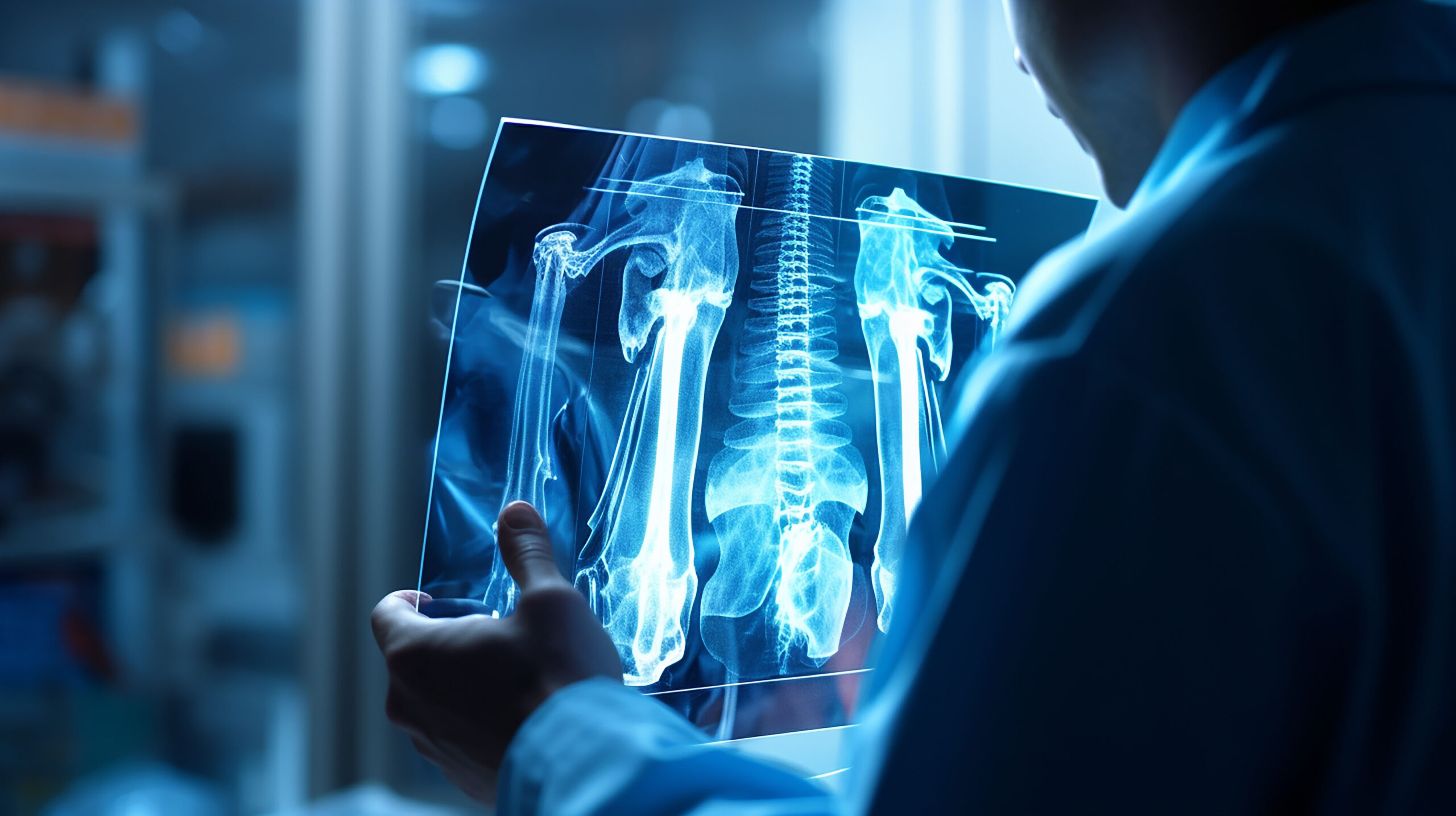Orthopedic surgeon doctor examining patient’s knee joint x-ray films, MRI bone, CT scan in at radiology orthopedic unit, hospital background. knee joint film x ray, Generative Ai