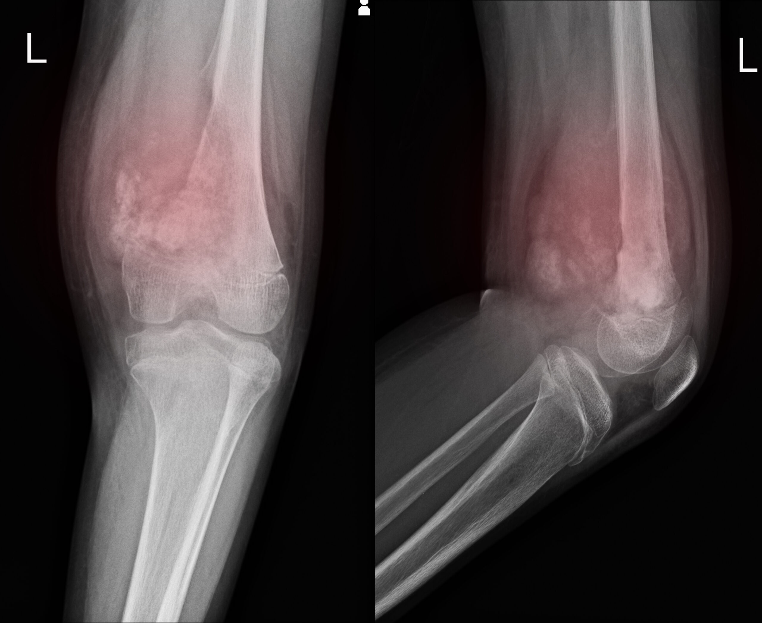 X-ray Knee join Showing large osteolytic lesuion of medial aspect of left distal femur.with soft tissure mass.and malignant bone tumor,osteosarcoma is suspected.
