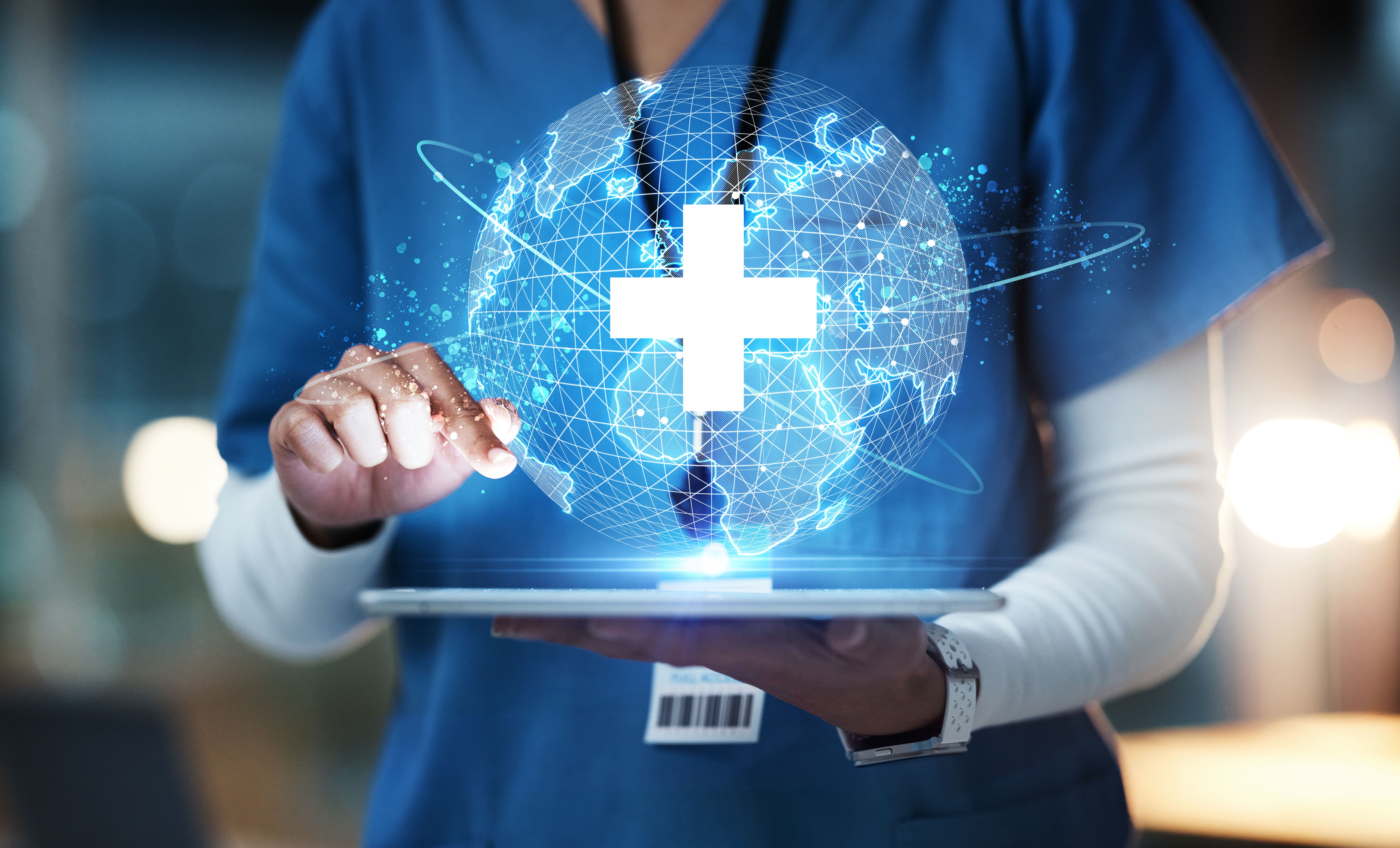 Nurse, hands or technology for 3d globe networking, healthcare community or digital help in life insurance support. Zoom, medical or futuristic world for global hospital, woman or doctor on tablet ux